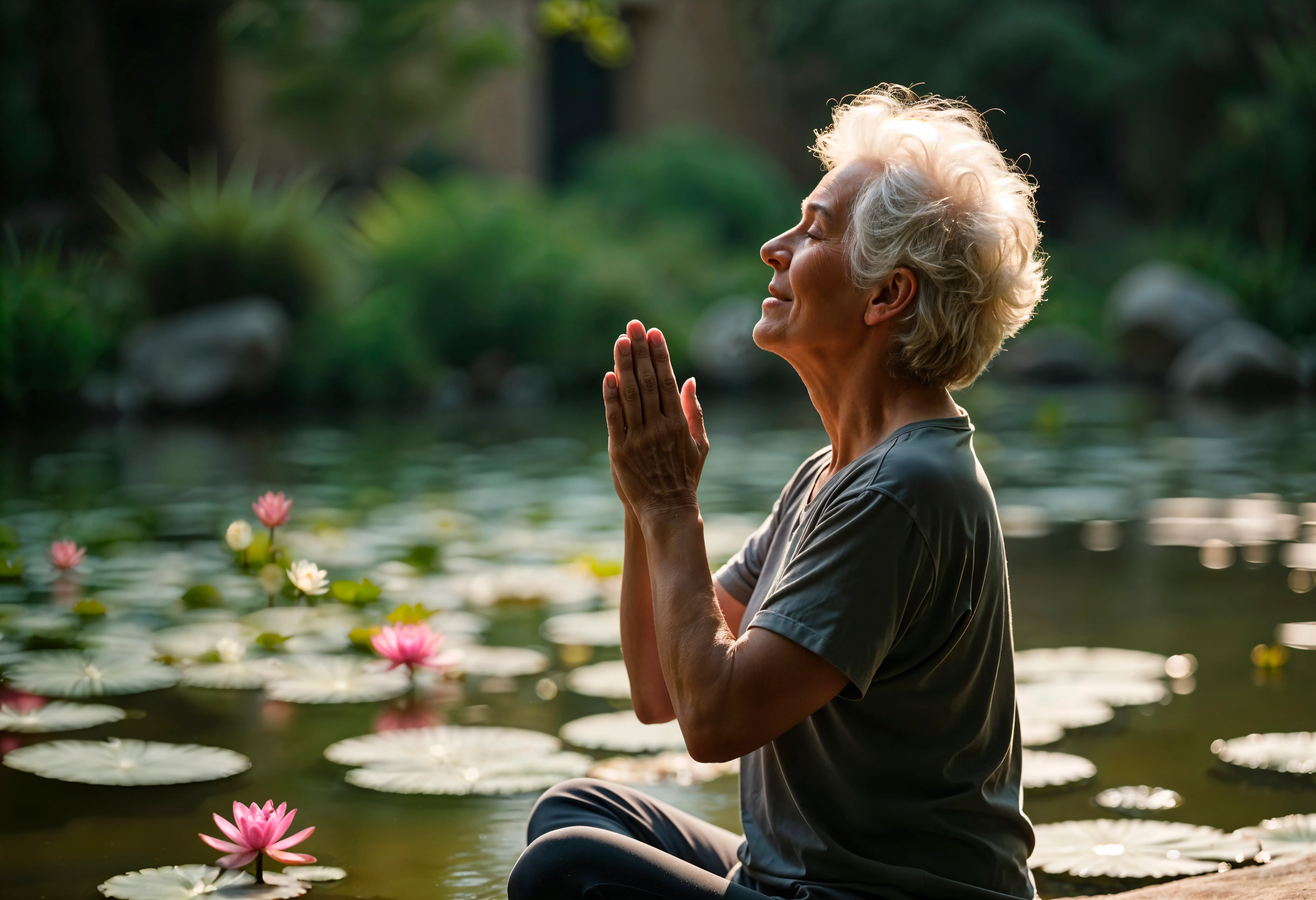 Mujer mayor agradecida en medio de un jardín zen lleno de nenúfares